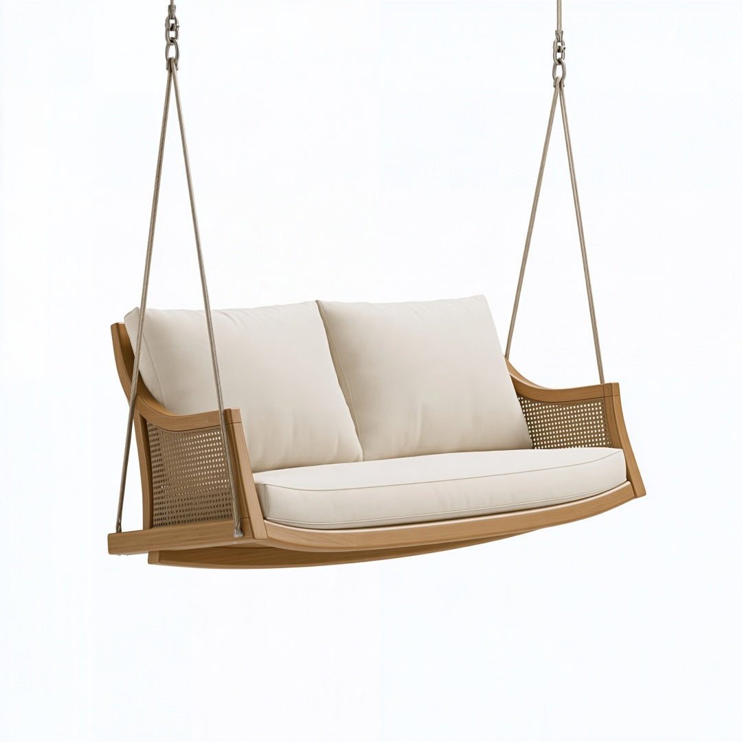 Divano sospeso 150 x 75 x 60 cm in legno naturale e rattan beige per relax moderno