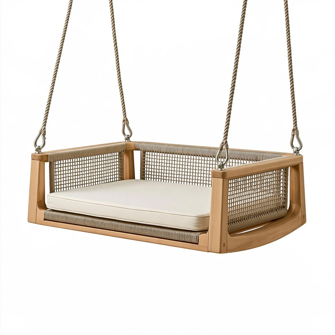 Dondolo sospeso da giardino 130 x 70 x 55 cm in legno e corda beige stile naturale