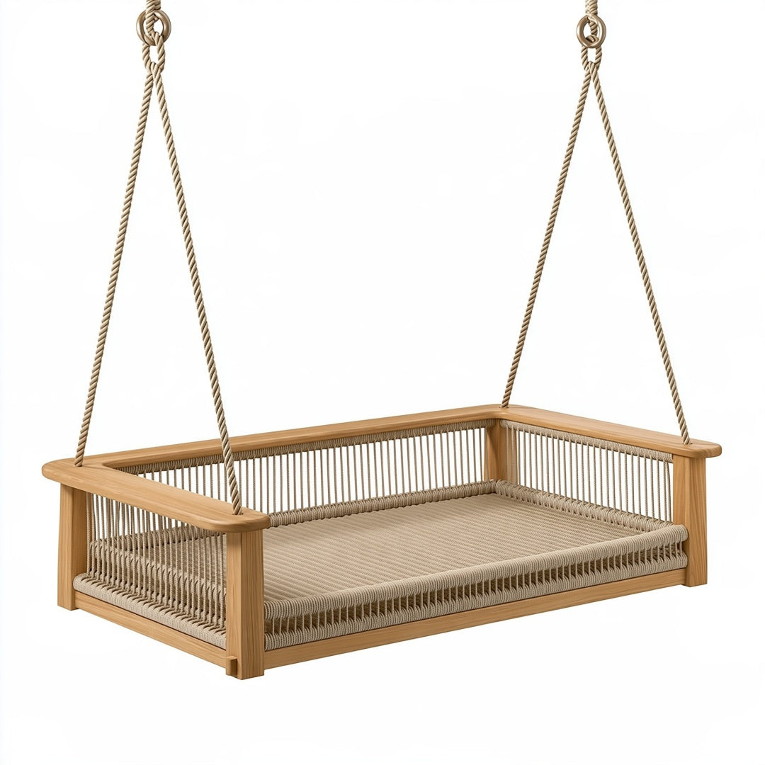 Dondolo sospeso 120 x 80 cm in legno e corda beige stile bohémien