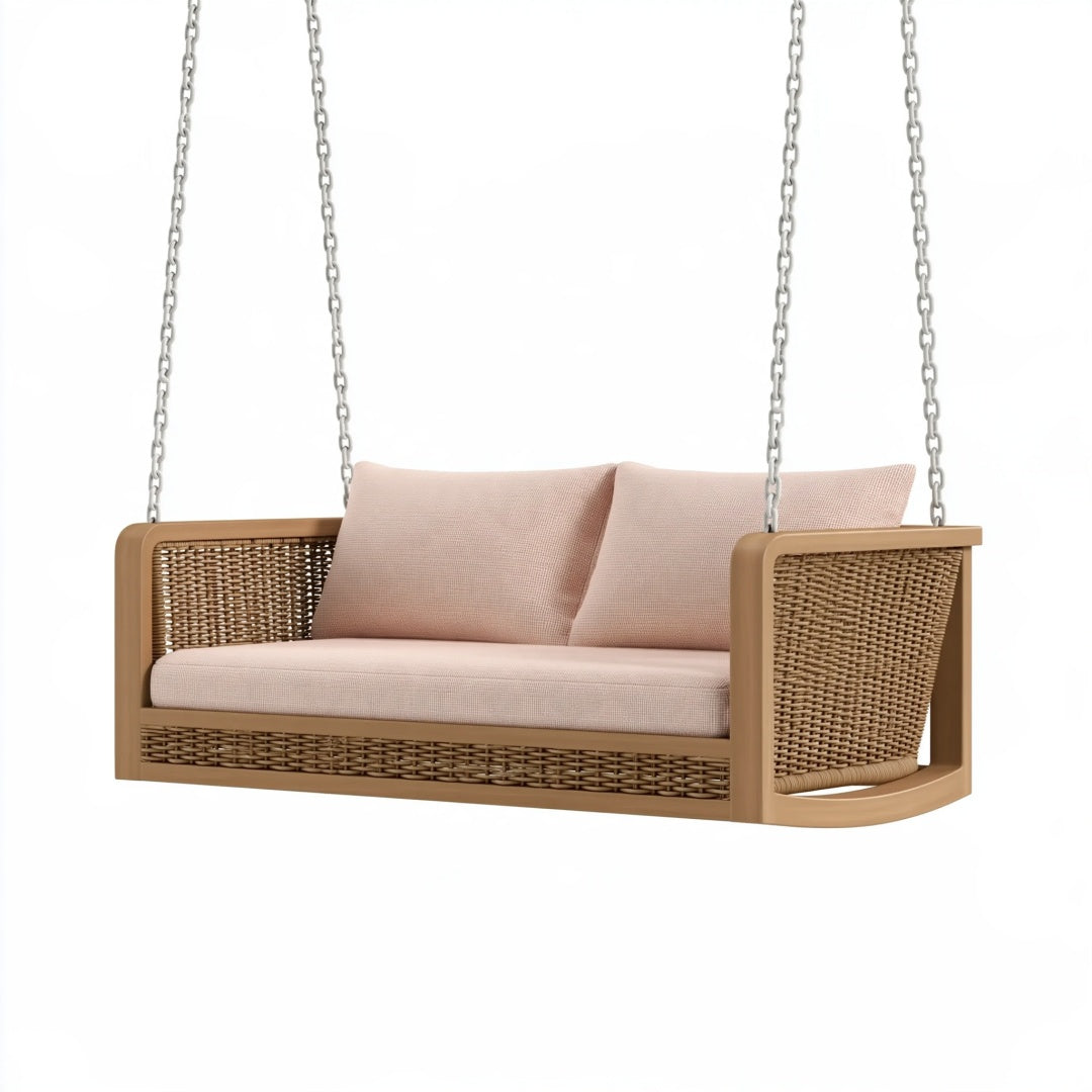 Altalena da giardino 140x70x65 cm in legno e rattan beige rosa - sospesa stile naturale