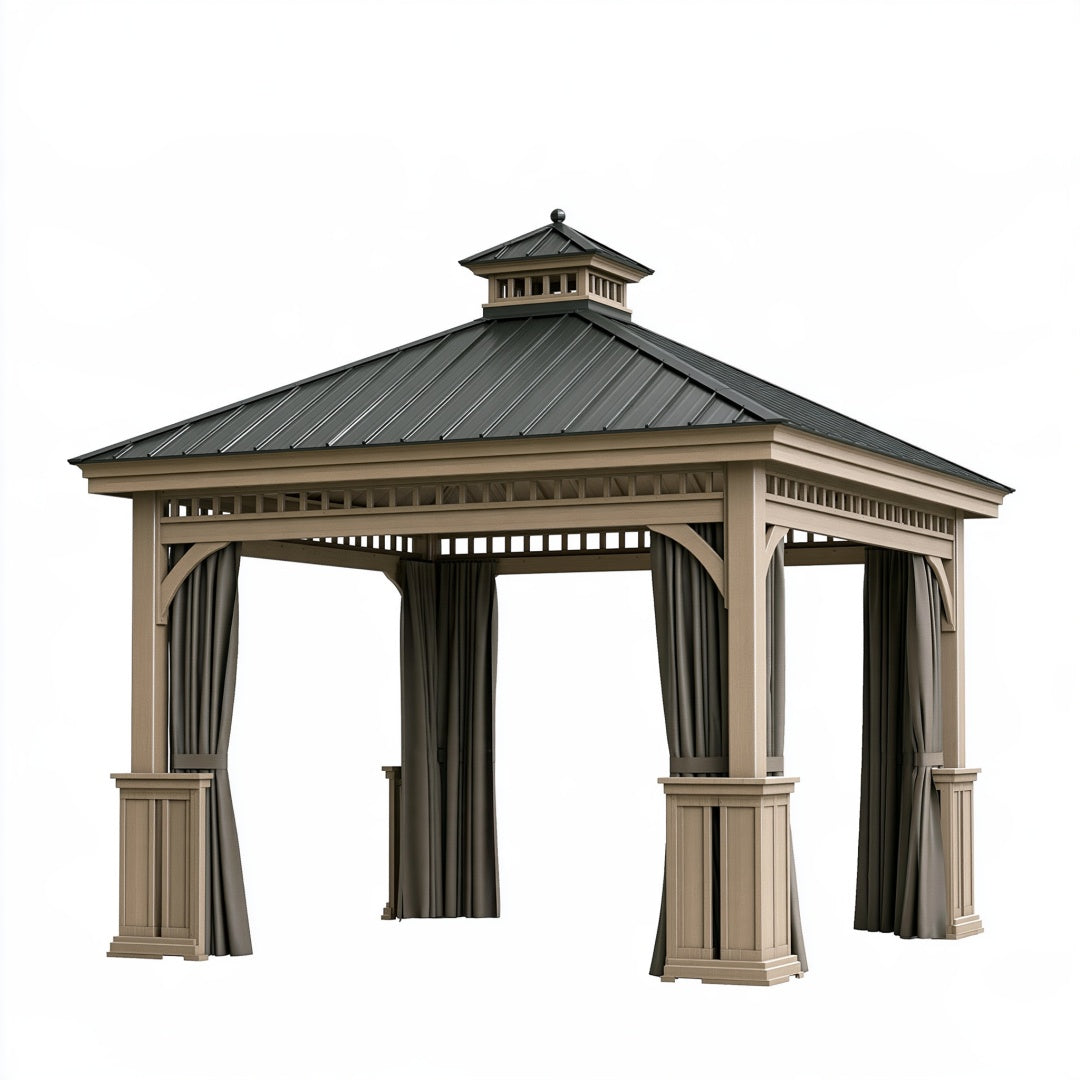 Gazebo da giardino 300 x 300 x 320 cm in metallo beige con tetto scuro e tende laterali
