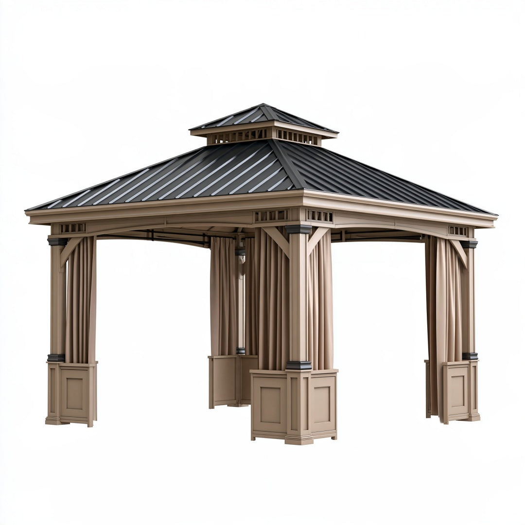Gazebo 400 x 400 cm in metallo beige e nero con tetto rigido da esterno