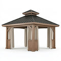 Gazebo da giardino 400 x 400 cm in legno marrone con tetto in metallo nero e tende stile classico