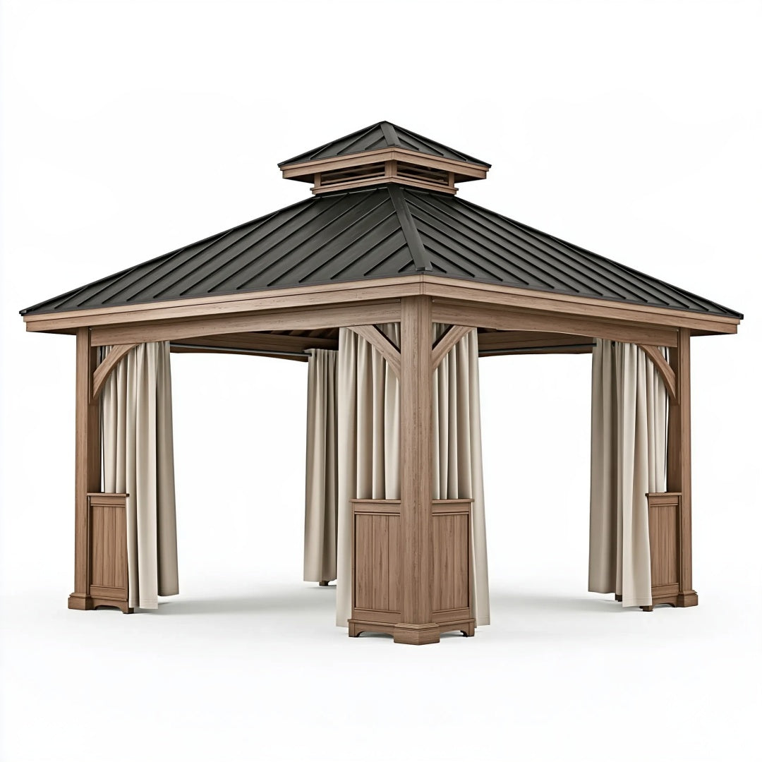 Gazebo da giardino 400 x 400 cm in legno marrone con tetto in metallo nero e tende stile classico