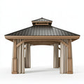 Gazebo da giardino 360 x 360 x 320 cm in legno beige con tetto in metallo e tende stile rustico