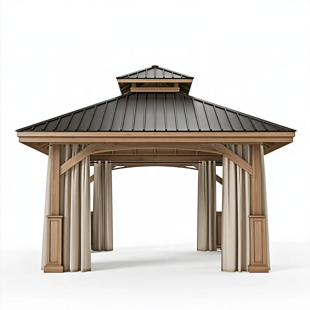 Gazebo da giardino 360 x 360 x 320 cm in legno beige con tetto in metallo e tende stile rustico