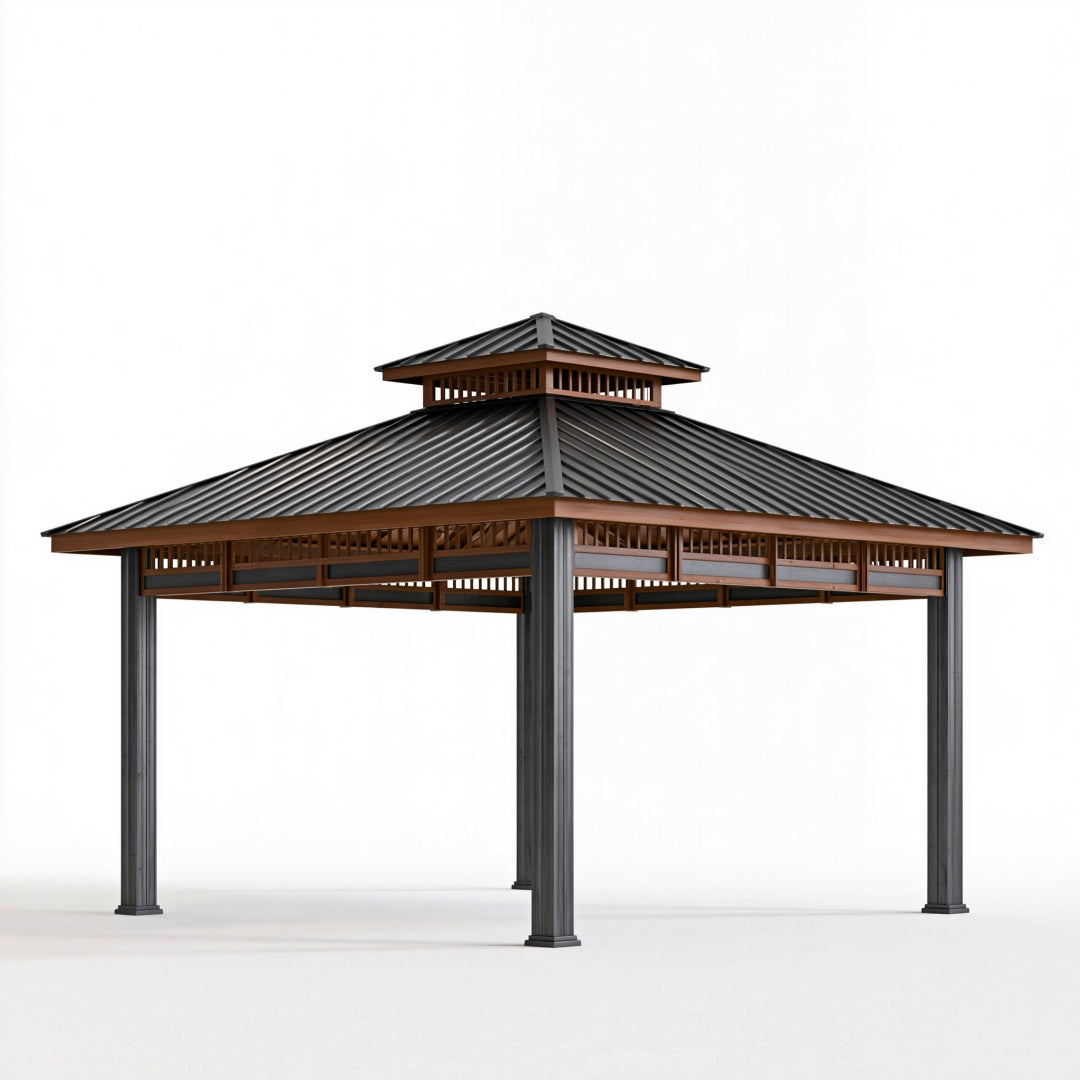 Gazebo da giardino 300 x 300 x 310 cm in metallo nero e marrone con tetto a doppia falda