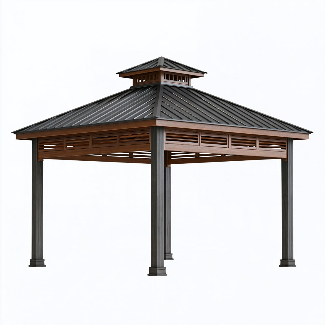 Gazebo da giardino 400 x 300 cm in metallo nero e marrone con tetto rigido ventilato