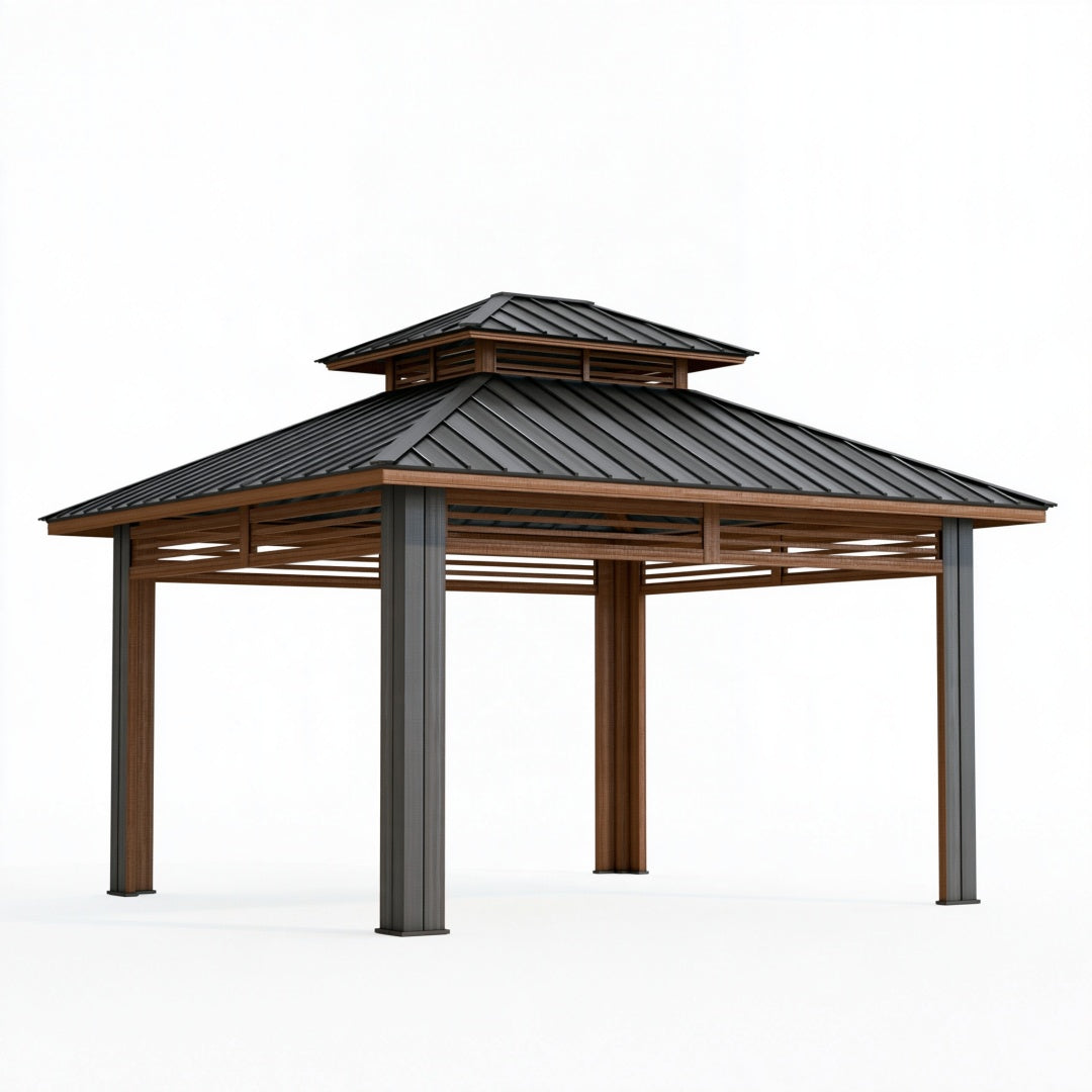 Gazebo da giardino 400x400x330 cm in legno e metallo marrone/grigio antracite con tetto a padiglione