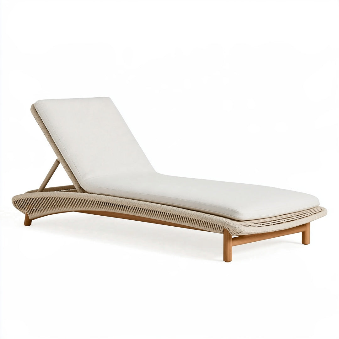 Lettino prendisole 200 x 70 cm in legno e fibra intrecciata beige con schienale reclinabile