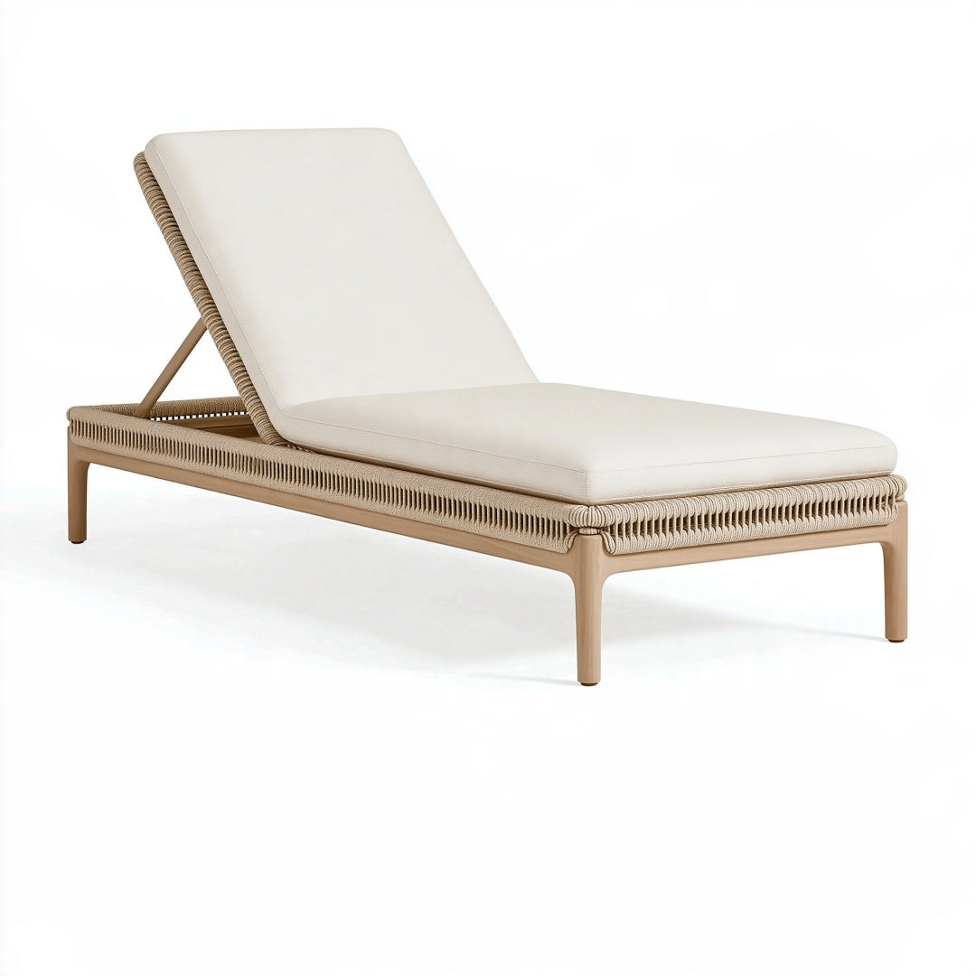 Lettino prendisole 200 x 70 cm in legno beige con corda intrecciata e schienale reclinabile