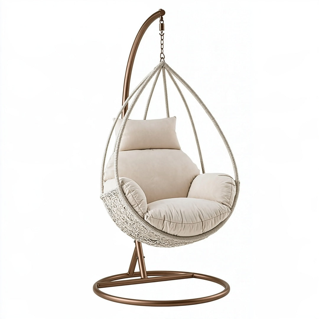 Poltrona sospesa 105 x 105 x 195 cm in metallo e intreccio beige con supporto da terra