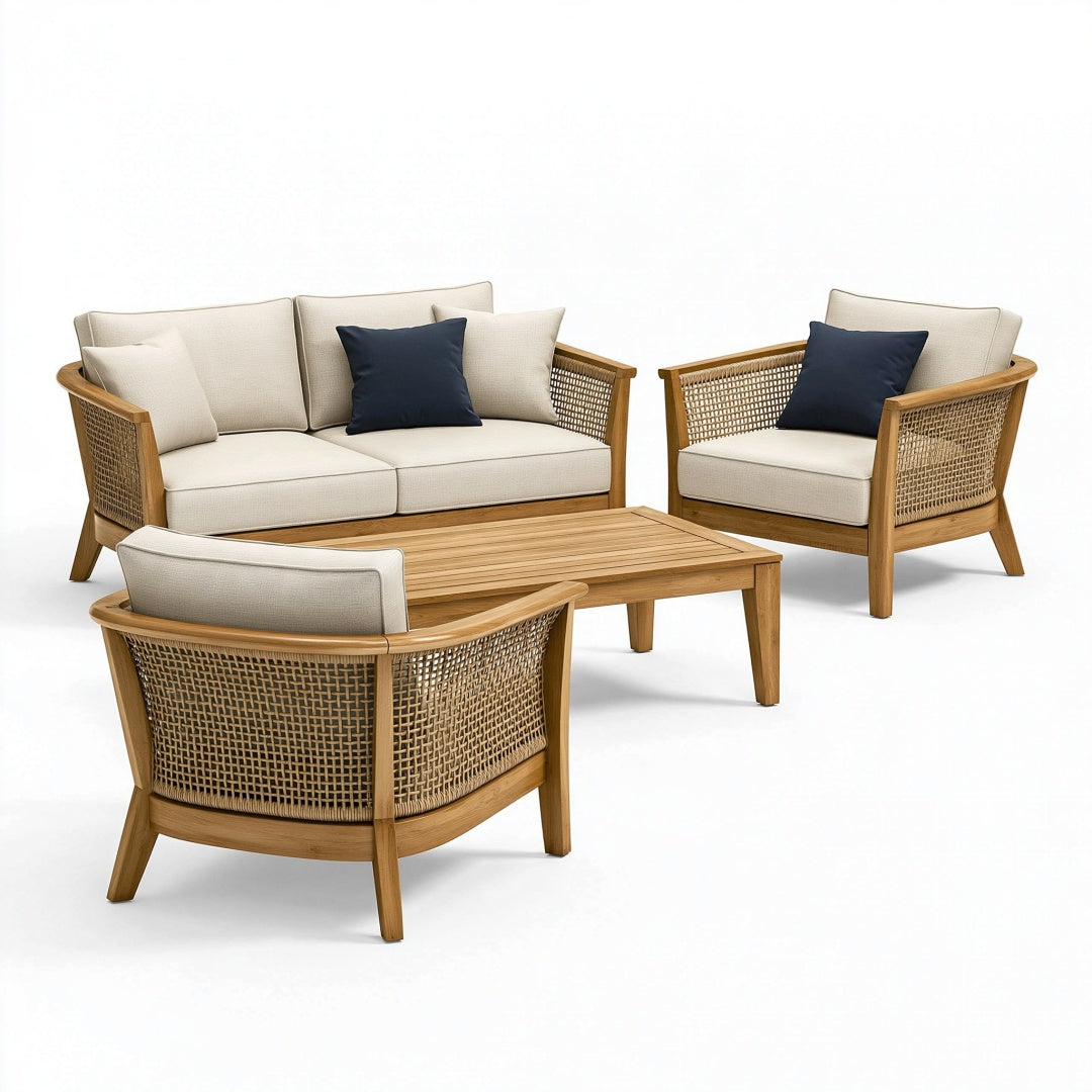 Set salotto da giardino 4 pezzi 140 cm in legno e fibra intrecciata beige stile naturale
