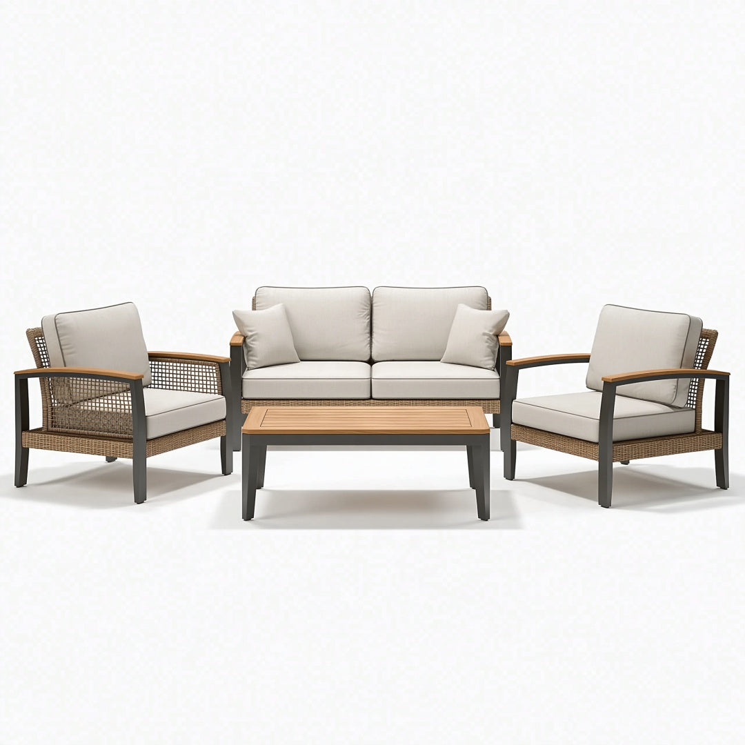 Set salotto da giardino 4 pezzi divano 130x70 cm in rattan beige con struttura nera e tavolino