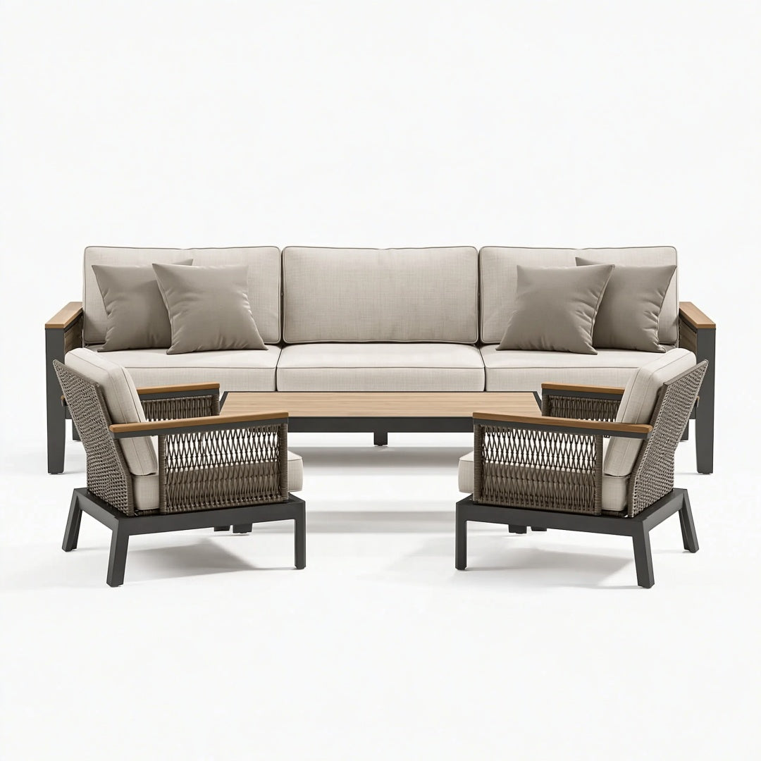Set da giardino 4 pezzi 230 cm in metallo e legno beige con intreccio