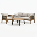 Salotto da giardino 3 pezzi in legno beige e nero con tavolino rotondo stile contemporaneo