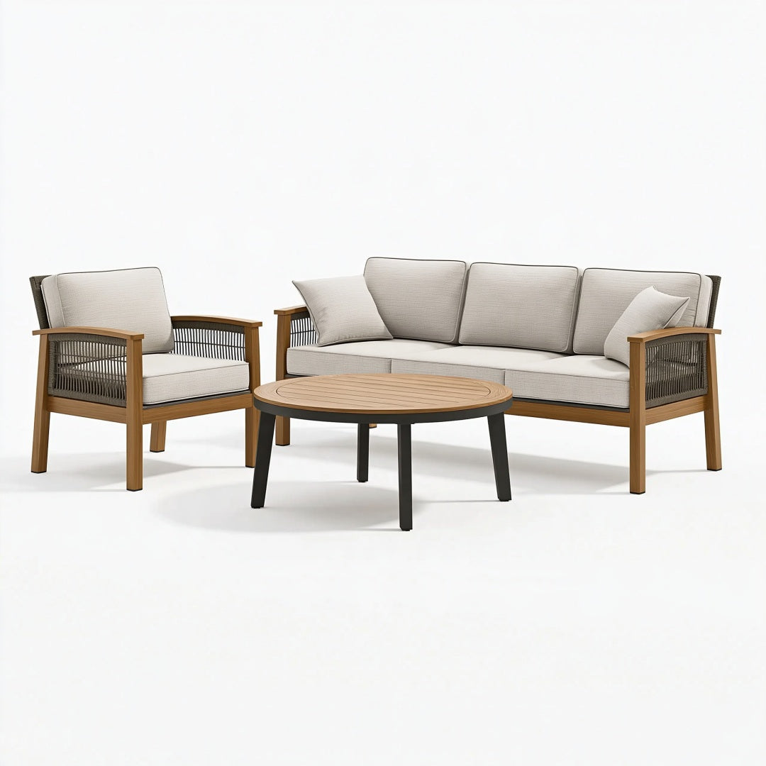 Salotto da giardino 3 pezzi in legno beige e nero con tavolino rotondo stile contemporaneo