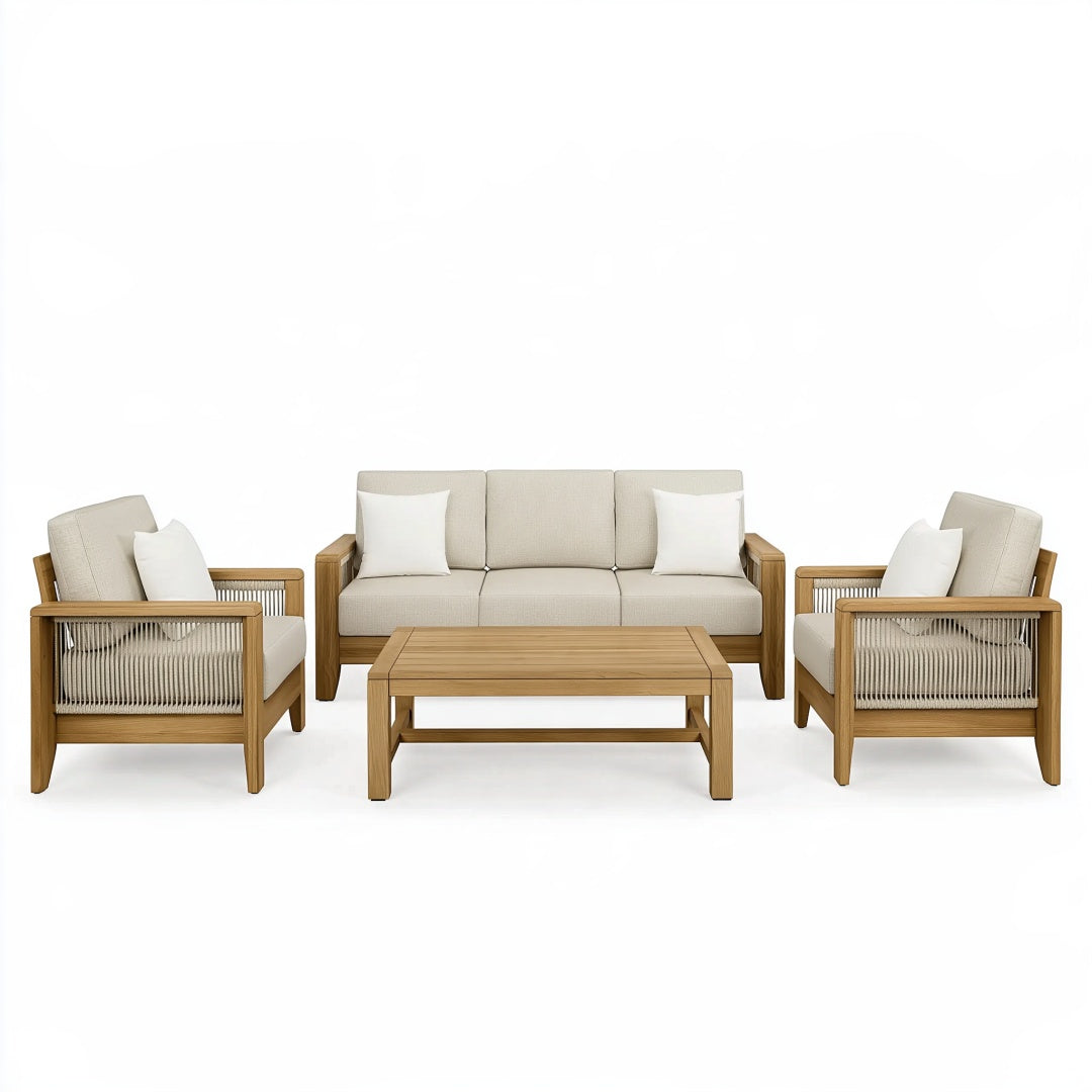 Set salotto da giardino 4 pezzi in legno beige con corda intrecciata