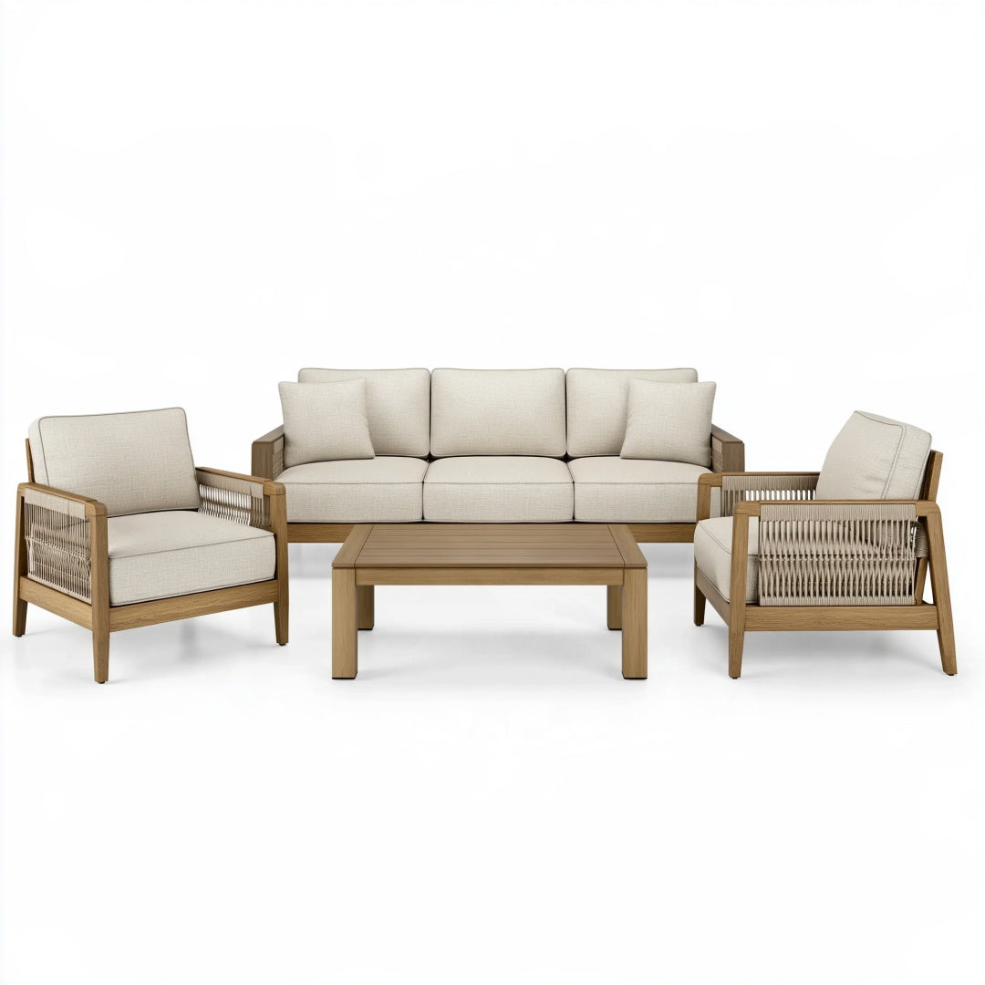 Set da giardino 4 pezzi in legno e corda beige naturale - stile contemporaneo per esterni