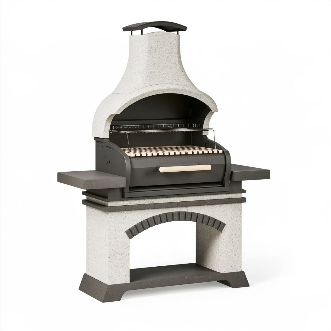 Barbecue da giardino 140 x 75 x 220 cm in cemento refrattario grigio con griglia in metallo