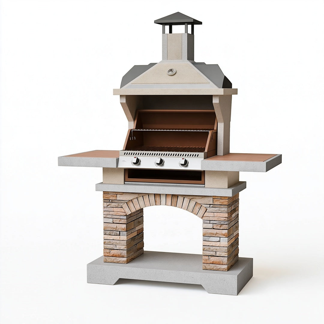 Barbecue da giardino 160 x 70 x 230 cm in pietra beige con griglia in acciaio e cappa con camino