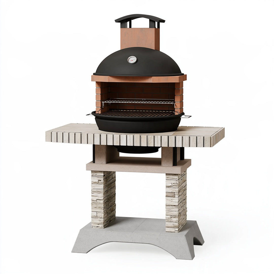 Barbecue da giardino 120 x 70 x 220 cm in laterizio nero e terracotta con camino e termometro