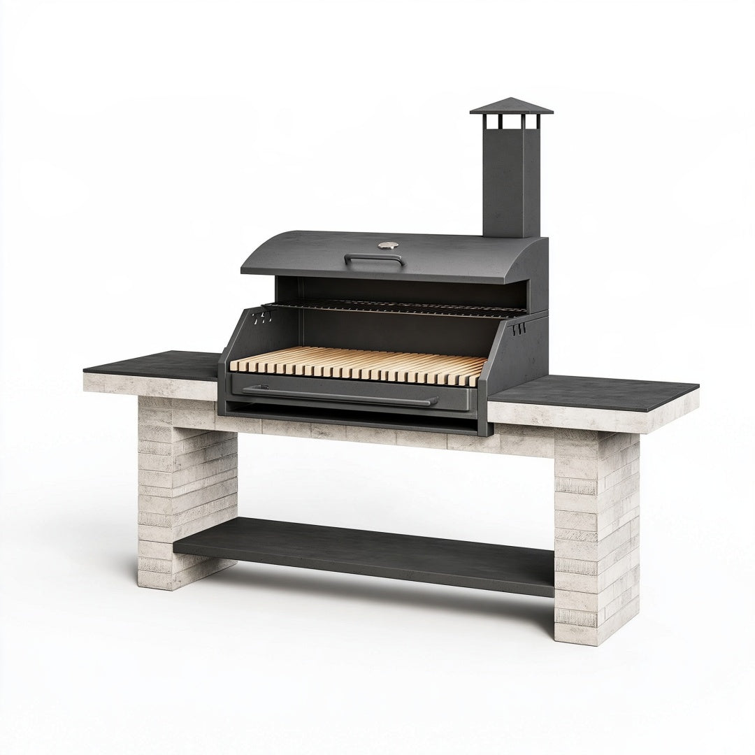Barbecue da giardino 160 x 70 x 210 cm in acciaio e muratura nero/grigio con coperchio e camino