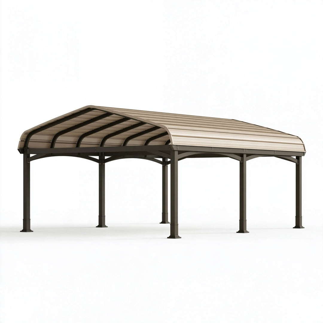 Carport 500 x 300 x 250 cm in metallo marrone con copertura curva in policarbonato per esterni