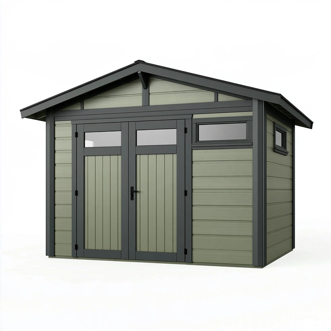 Casetta da giardino 200 x 150 x 210 cm in resina verde salvia con porte doppie stile moderno