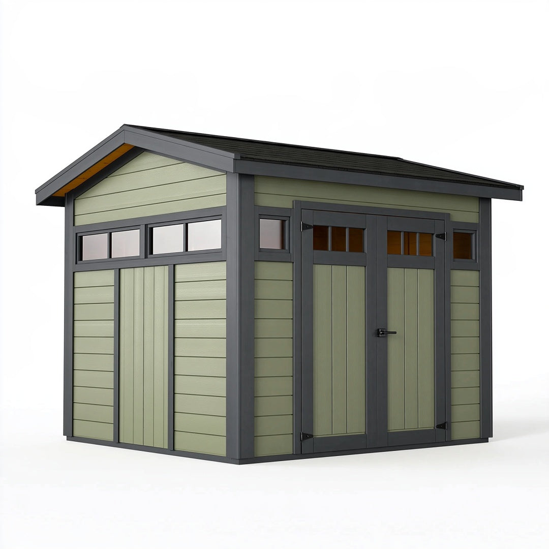 Casetta da giardino 240 x 180 x 220 cm in resina verde e grigio con porta doppia e finestre